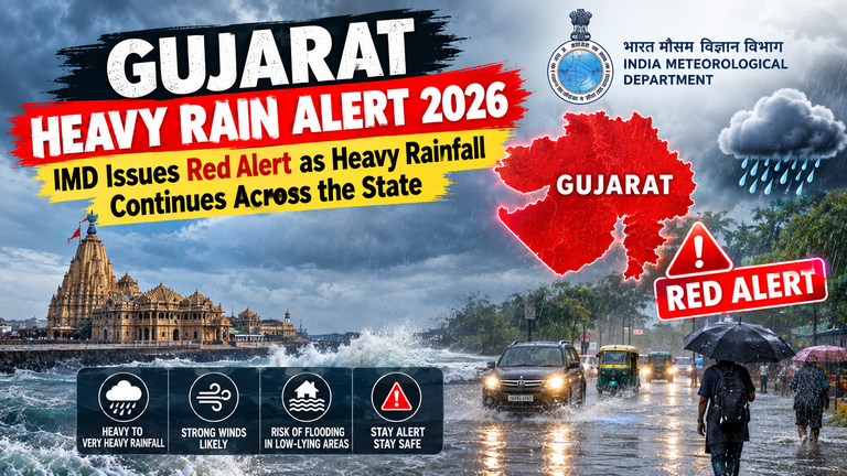 Gujarat Heavy Rain Alert 2026 IMD Issues Red Alert as Heavy Rainfall Continues Across the State